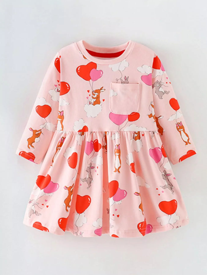 Children's Animal Heart Balloon Print Long Sleeve Dress
